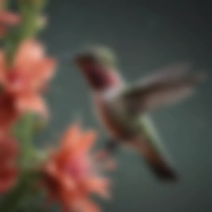 Close-up of a hummingbird feeding on nectar from a tubular flower