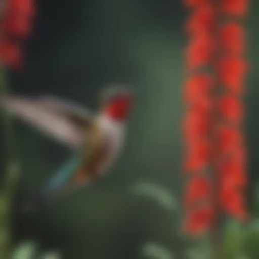 Vibrant red flowering plant attracting a hummingbird