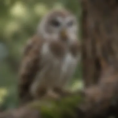 Barred Owl nestled on a tree Barred Owl resting on a tree trunk