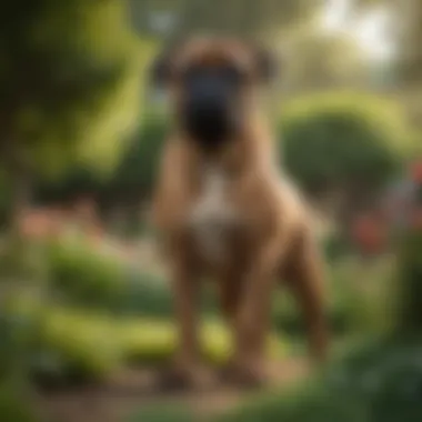 A majestic Bull Mastiff standing proudly in a lush garden