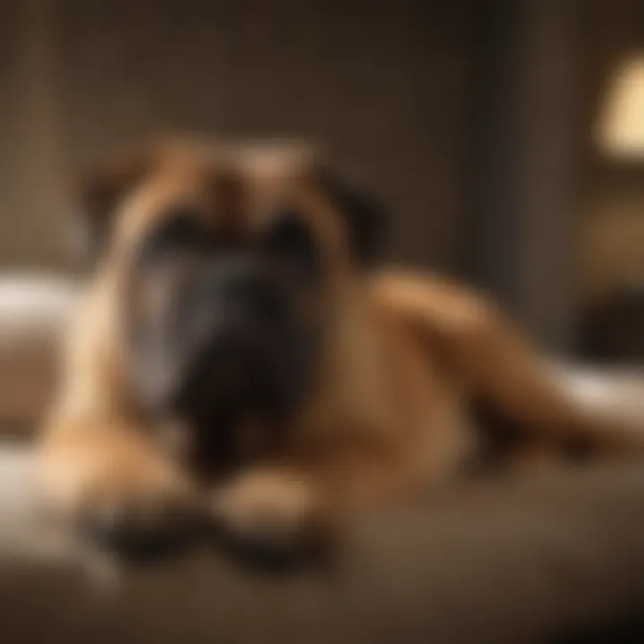 A serene Bull Mastiff resting comfortably on a cozy bed