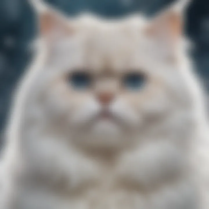 Close-up of a Persian cat showcasing its delicate facial features and blue eyes against a snowy backdrop.