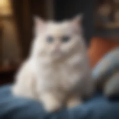 A Persian cat with a white coat and blue eyes sitting elegantly on a plush cushion.