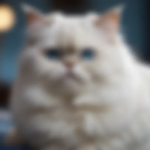 Elegant Persian cat with a luxurious white coat and striking blue eyes, lounging gracefully.