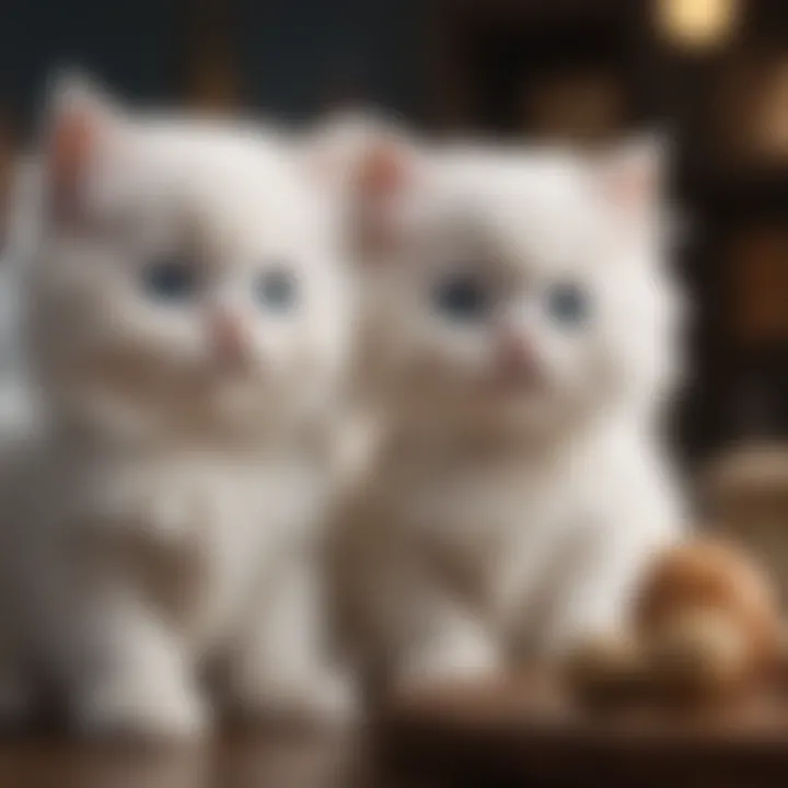 Persian kittens with white fur and blue eyes playing together in a cozy environment.