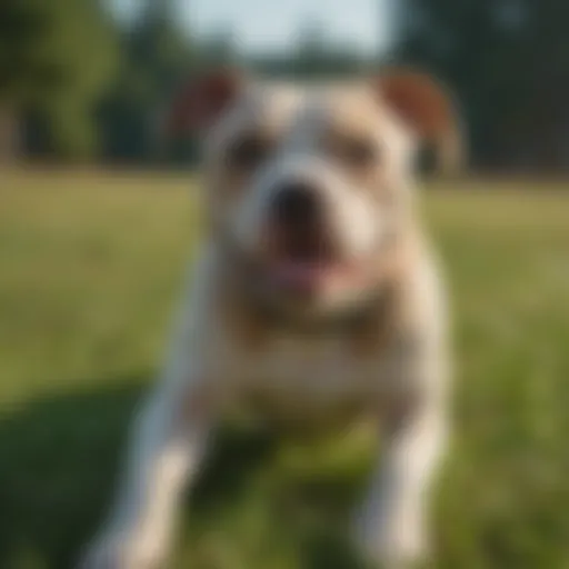 Rescue pit bull playing in a grassy field