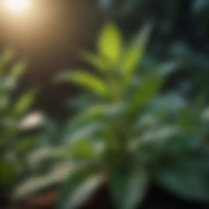 A close-up of a mint plant with lush green leaves.