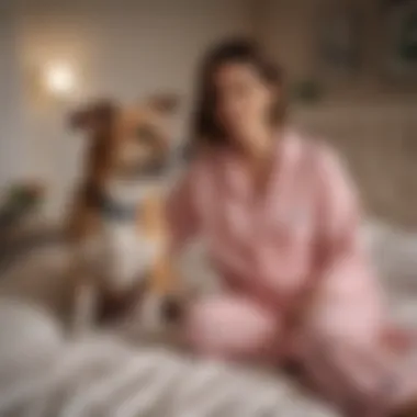 A playful scene of a dog and owner engaging in fun activities while wearing matching pajamas, highlighting their bond.