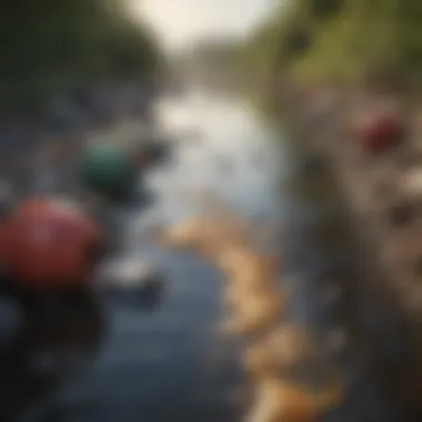 Close-up of hazardous waste leaking into a waterway