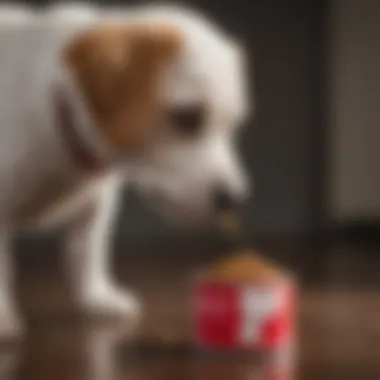 A puppy being fed wet dog food by an attentive owner