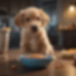 A playful puppy sitting next to a bowl of food, eager to eat.