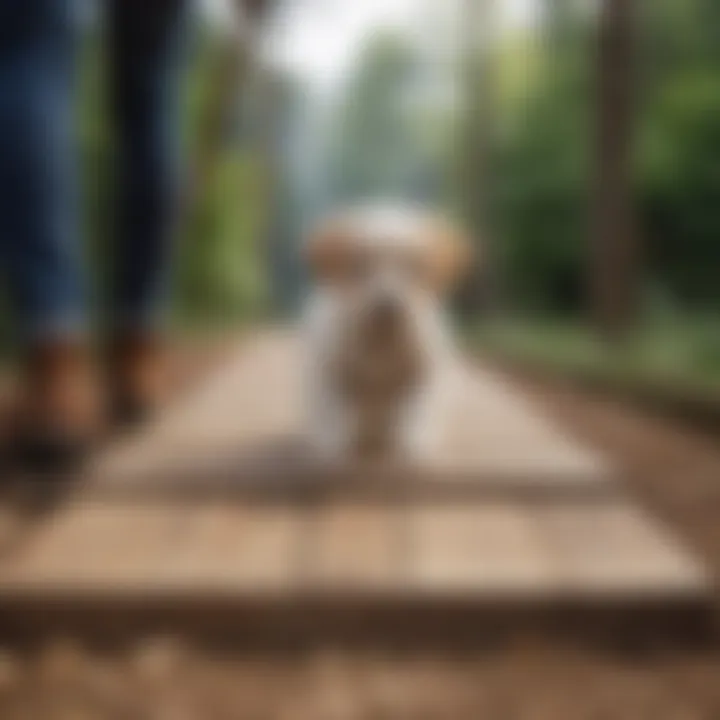 A puppy being guided by an owner up a ramp