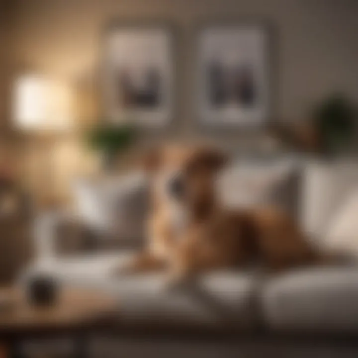 A serene living room with a calm dog lying quietly on a couch