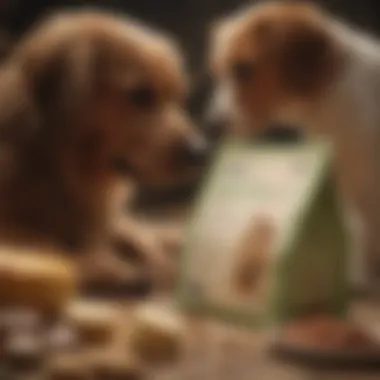 Evaluating Vegan Dog Food Choices A pet owner carefully reading the nutritional label on a commercial vegan dog food package.