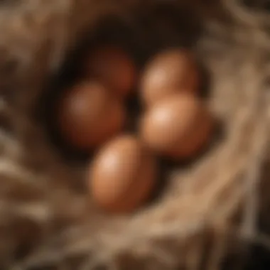 Close-up of brown eggs nestled in straw