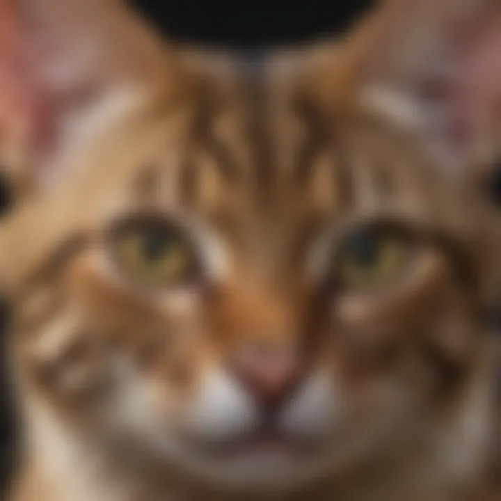 Close-up of a Savannah cat's unique facial features and high contrast fur patterns.