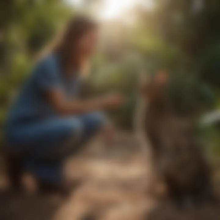 An outdoor scene showing a Savannah cat interacting with its owner in a safe environment.