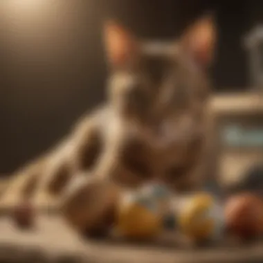 Savannah Cat in Play Mode A playful Savannah cat engaging with a variety of toys, illustrating its active nature.