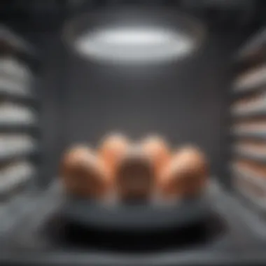 Interior view of a goose egg incubator with eggs arranged for optimal hatching