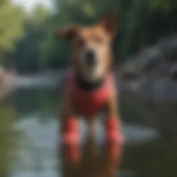 A dog wearing stylish swim shoes by the water