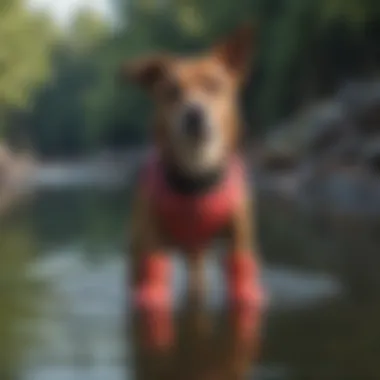 A dog wearing stylish swim shoes by the water