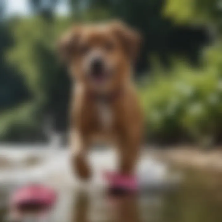 A dog happily playing in the water with swim shoes on