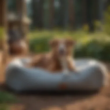 Happy dog resting on a self-warming bed outdoors