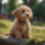 A charming miniature Doodle dog sitting outdoors