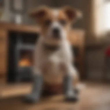 A dog wearing specialized anti-scratch socks in a cozy home environment