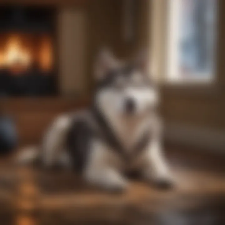 A cozy home environment with a husky relaxing in a designated comfort zone