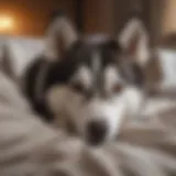 A serene husky resting peacefully on a soft blanket