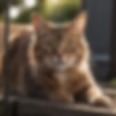 A cat enjoying interactive play in a fenced yard