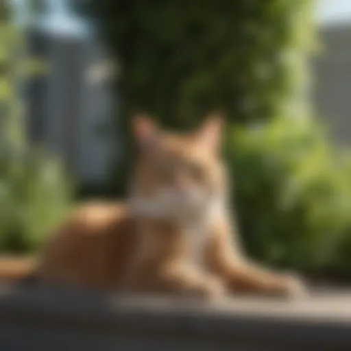 A cat lounging in a secure fenced yard surrounded by greenery