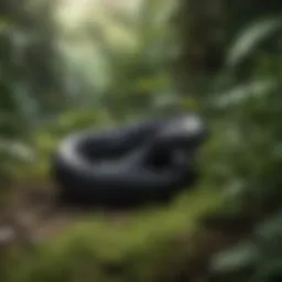 A serene garden showcasing a black garden snake gliding through lush greenery