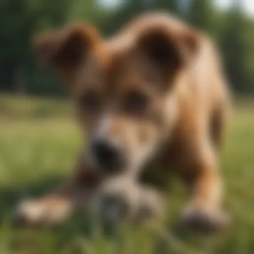 A dog looking curiously at its paws in a grassy field