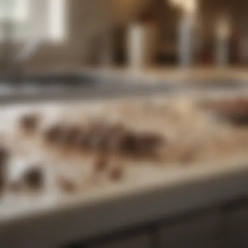 Close-up view of mouse droppings on a kitchen counter, indicating a potential infestation