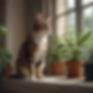 Curiosity of Cats A cat curiously observing a houseplant on a windowsill