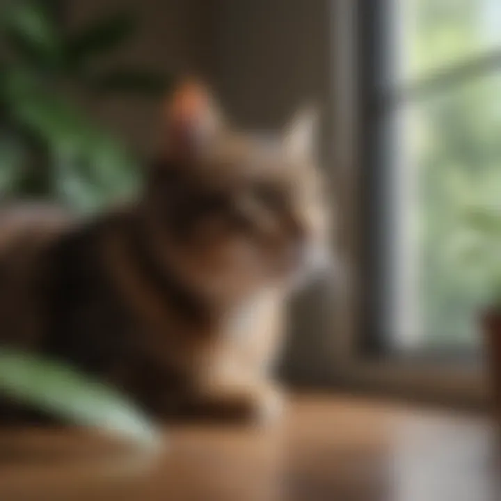 A creative barrier preventing a cat from accessing houseplants