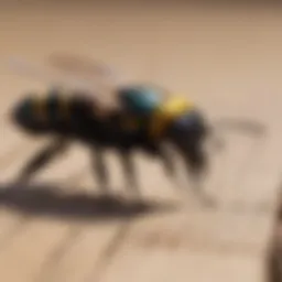 Close-up of a carpenter bee hovering near a wooden surface