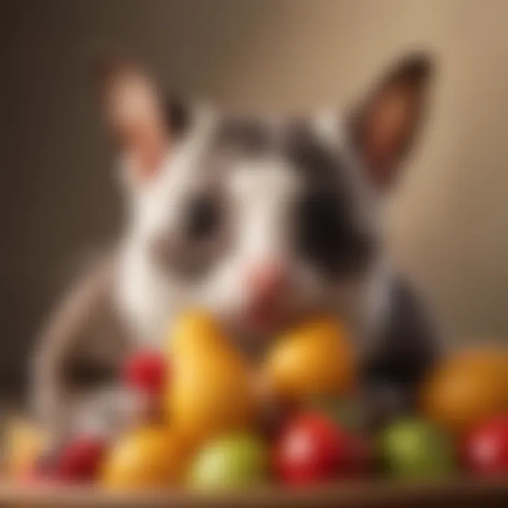 A close-up of a sugar glider enjoying a piece of fresh fruit.