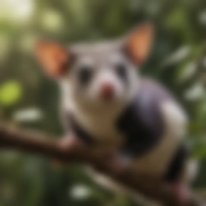 A sugar glider in its natural habitat among lush trees and foliage.