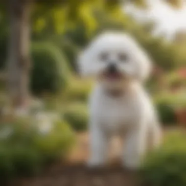 A graceful Bichon Frise playing gently in a garden with a senior owner.