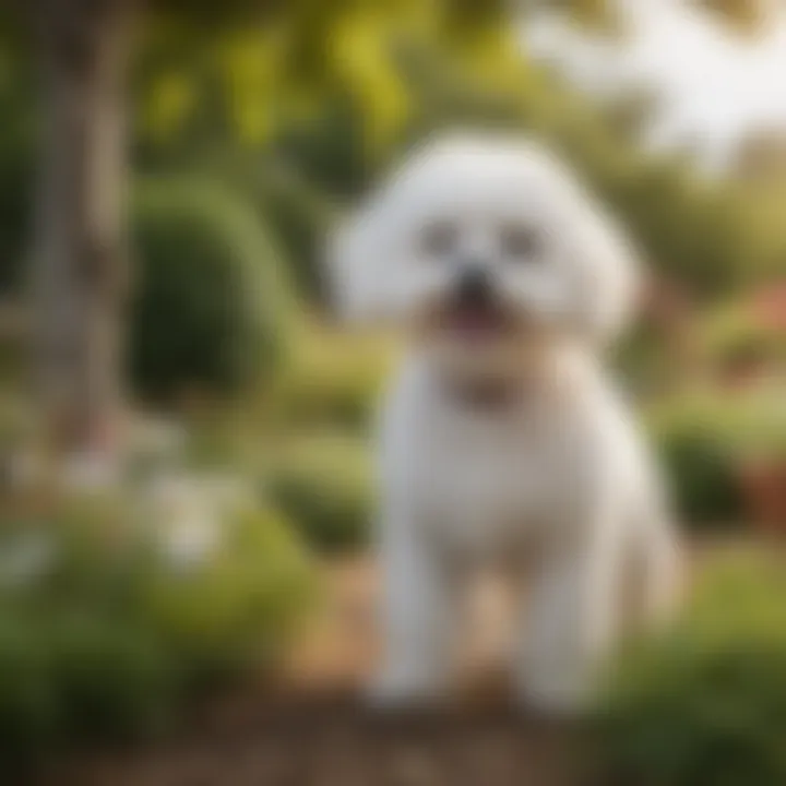 A graceful Bichon Frise playing gently in a garden with a senior owner.