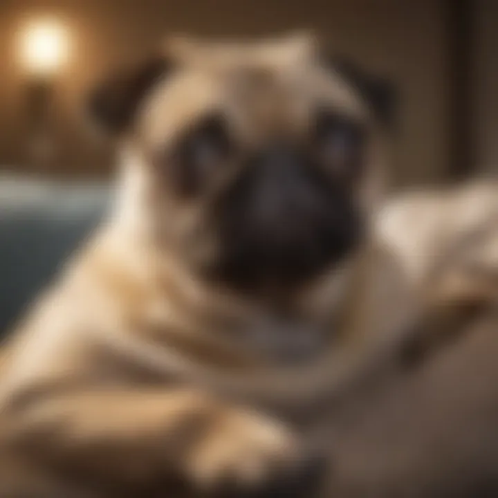 A small Pug resting comfortably on an older adult's lap, demonstrating affection.