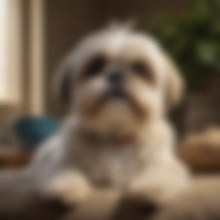 A serene Shih Tzu lounging in a cozy home environment with an elderly individual.