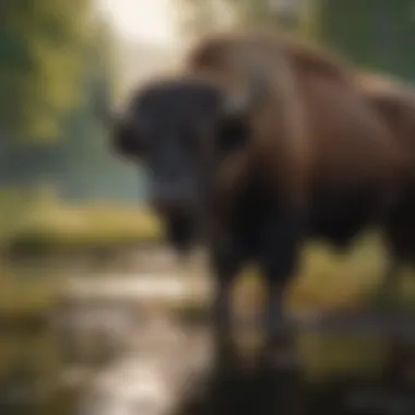 Buffalo in Natural Habitat A serene landscape showcasing the habitat of the American buffalo in its natural environment