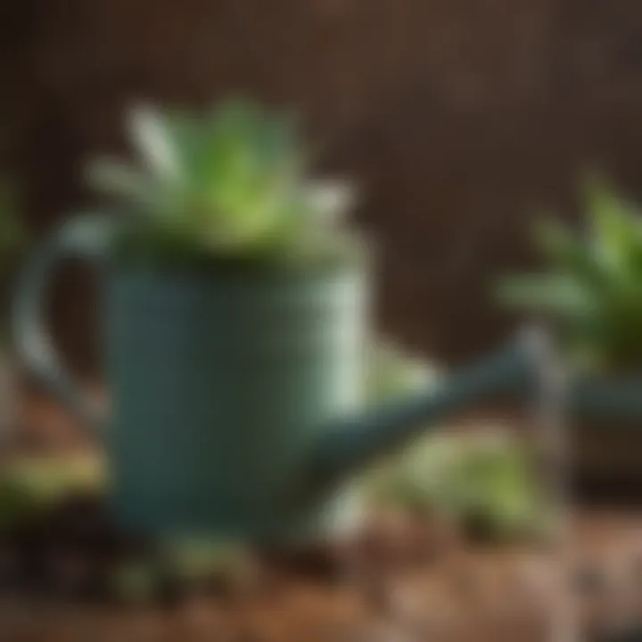 A watering can gently pouring water onto a succulent, illustrating proper watering technique.