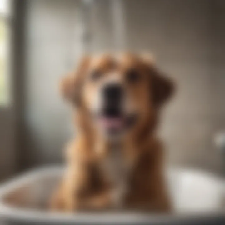 A happy dog enjoying a bath in an indoor shower setup