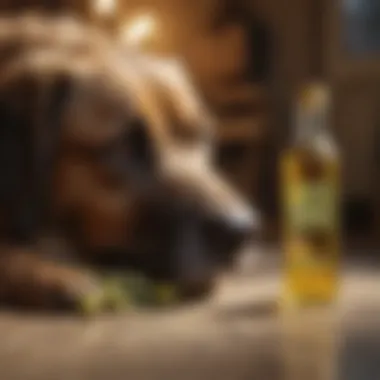 Bottle of olive oil with a dog in the background