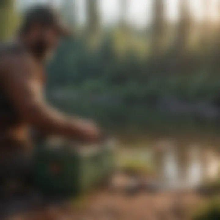 Angler maintaining and cleaning a bait box by a lakeside